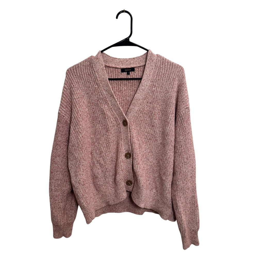 Quince Organic Cotton Fisherman Boxy Cropped Cardigan Marled Rose Pink S